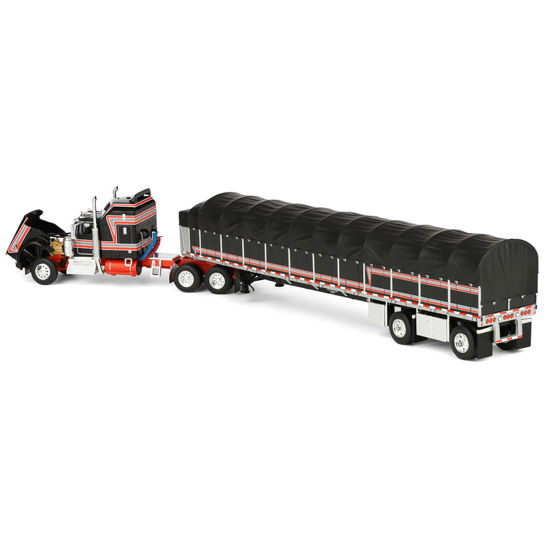 1/64 Kenworth W900A Semi Truck with Wilson Roadbrute Flatbed & Covered Wagon, Black/Red, DCP by First Gear