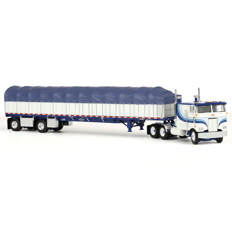 1/64 Peterbilt 352 COE Semi Truck with Wilson Roadbrute Flatbed & Covered Wagon, White/Blue, DCP by First Gear