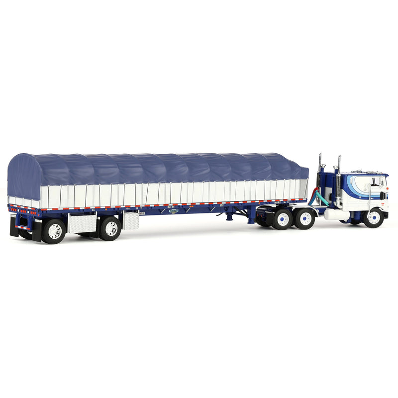 1/64 Peterbilt 352 COE Semi Truck with Wilson Roadbrute Flatbed & Covered Wagon, White/Blue, DCP by First Gear