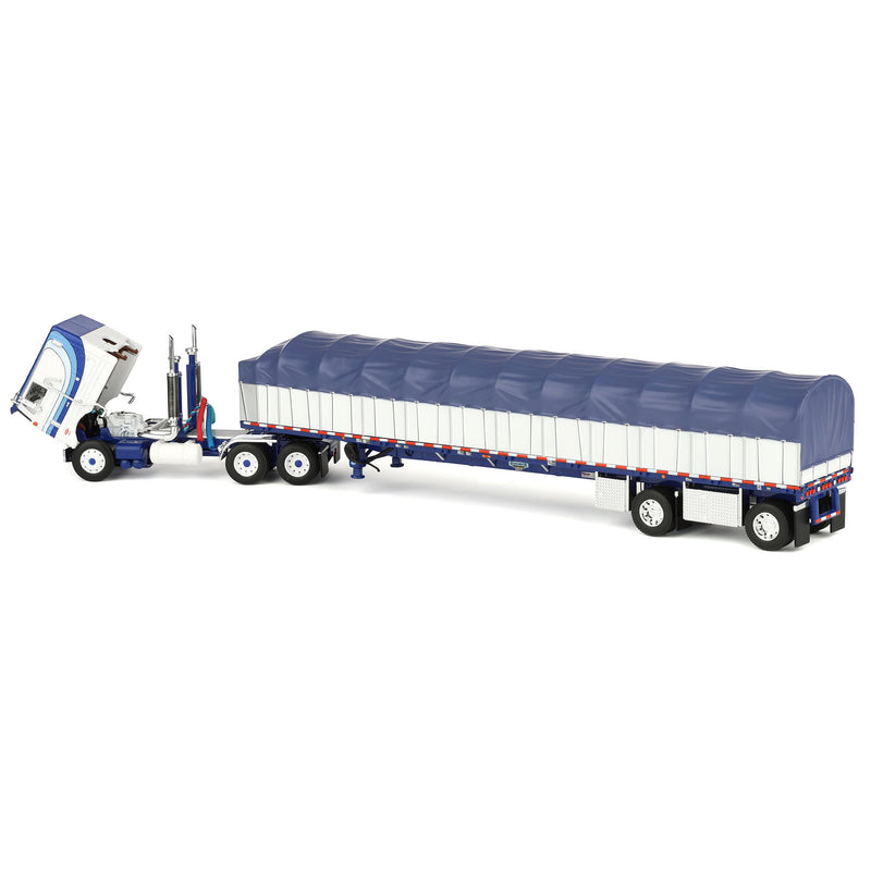 1/64 Peterbilt 352 COE Semi Truck with Wilson Roadbrute Flatbed & Covered Wagon, White/Blue, DCP by First Gear
