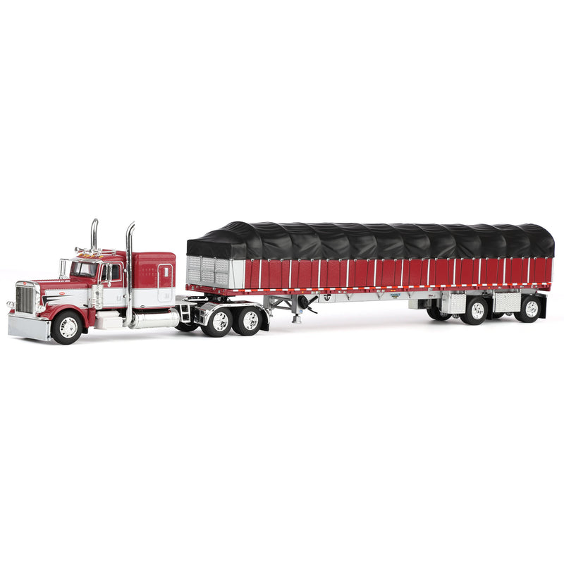 1/64 Peterbilt 389 Semi Truck with Wilson Roadbrute Flatbed & Covered Wagon, Maroon/White, DCP by First Gear