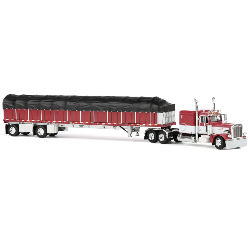 1/64 Peterbilt 389 Semi Truck with Wilson Roadbrute Flatbed & Covered Wagon, Maroon/White, DCP by First Gear