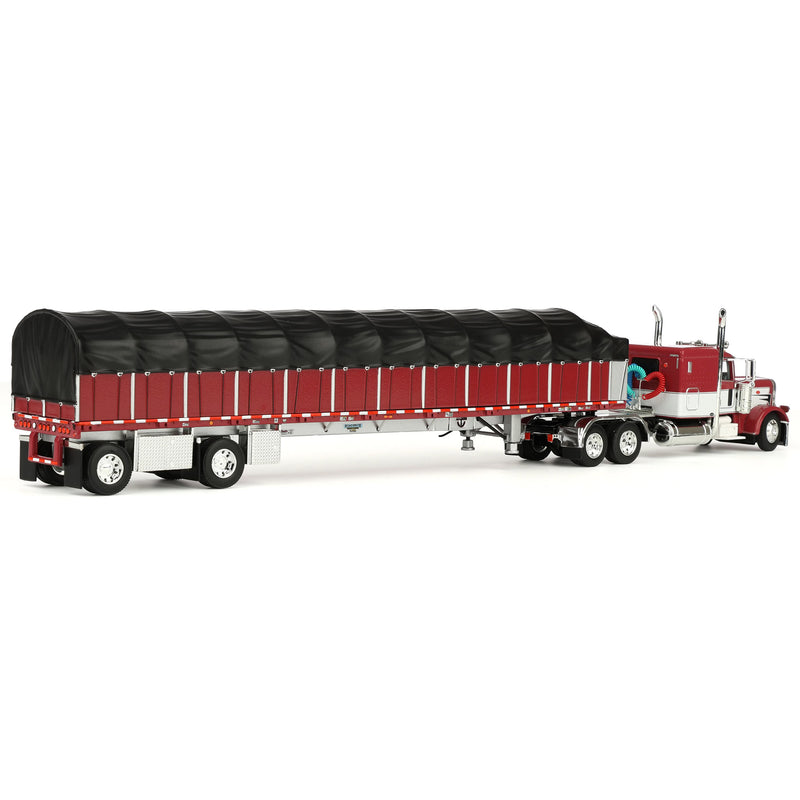 1/64 Peterbilt 389 Semi Truck with Wilson Roadbrute Flatbed & Covered Wagon, Maroon/White, DCP by First Gear