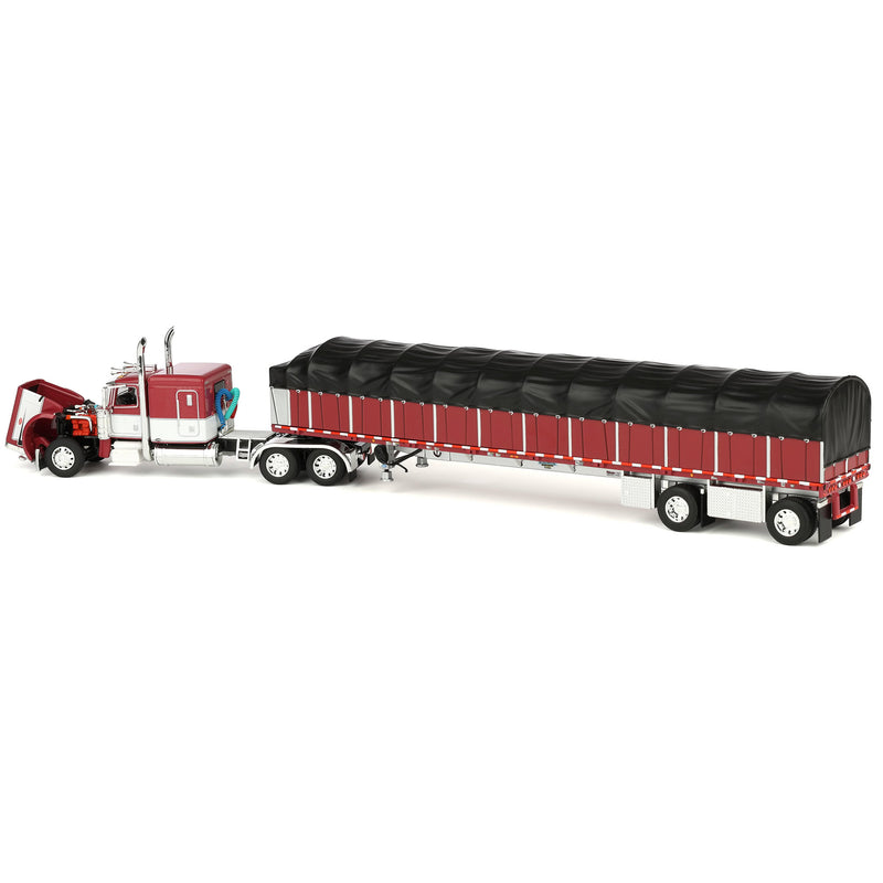 1/64 Peterbilt 389 Semi Truck with Wilson Roadbrute Flatbed & Covered Wagon, Maroon/White, DCP by First Gear