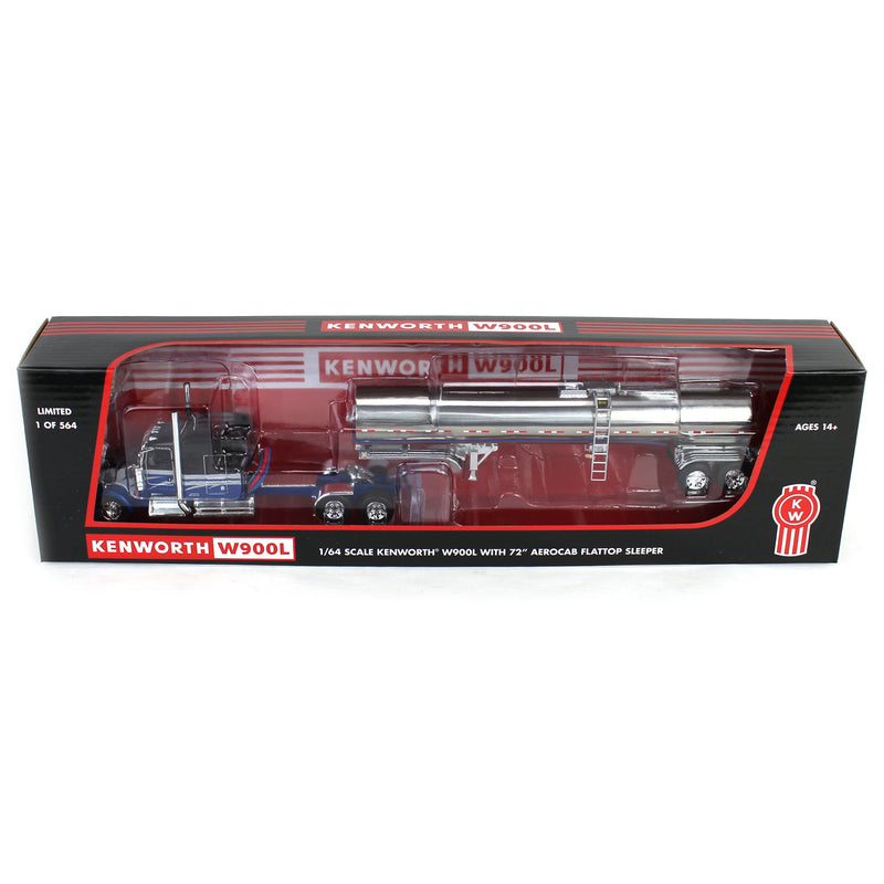 1/64 Kenworth W900L with 72in Aerocab Sleeper & Brenner Tanker, Blue, Black & Silver, DCP by First Gear Limited Edition