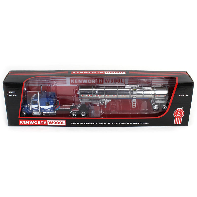 1/64 Kenworth W900L with 72in Aerocab Sleeper & Brenner Tanker, Blue & White, DCP by First Gear Limited Edition