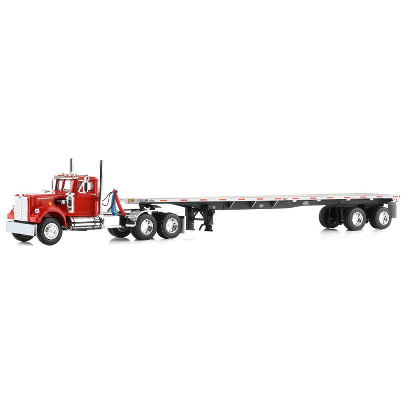 1/64 White Western Star Day Cab with 48ft Utility Flatbed Trailer, Viper Red, DCP by First Gear