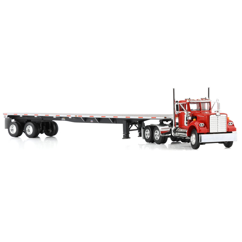 1/64 White Western Star Day Cab with 48ft Utility Flatbed Trailer, Viper Red, DCP by First Gear