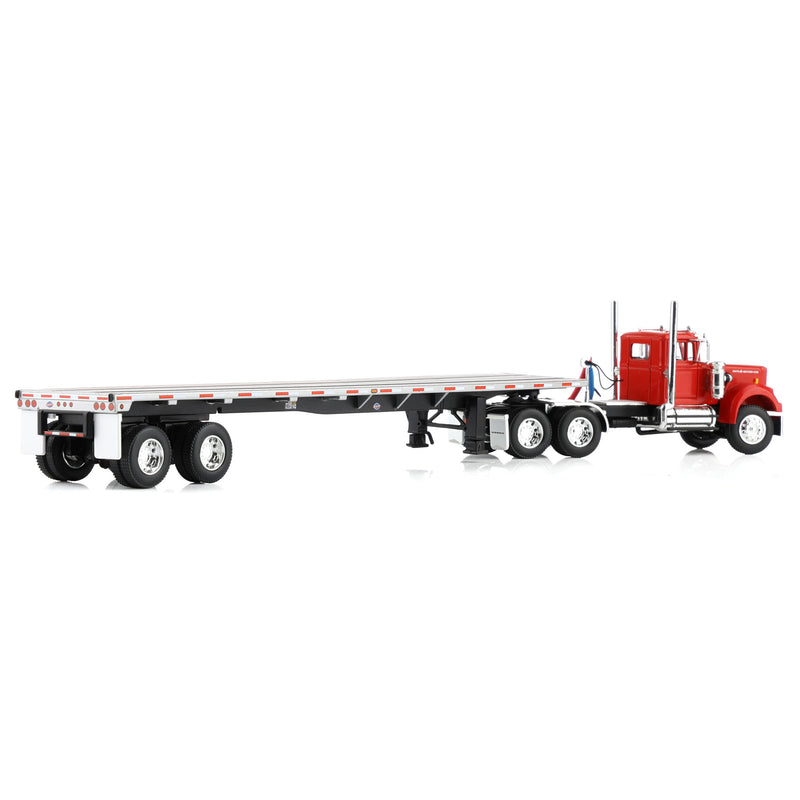 1/64 White Western Star Day Cab with 48ft Utility Flatbed Trailer, Viper Red, DCP by First Gear