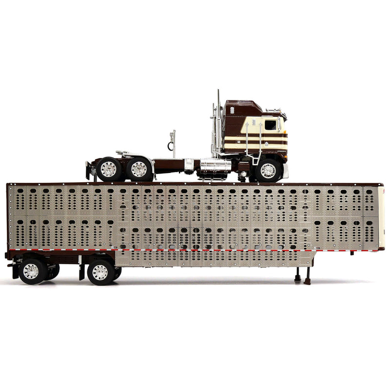 1/64 Kenworth K100 COE Semi Truck with Wilson Spread Axle Livestock Trailer, Brown/Cream, DCP by First Gear
