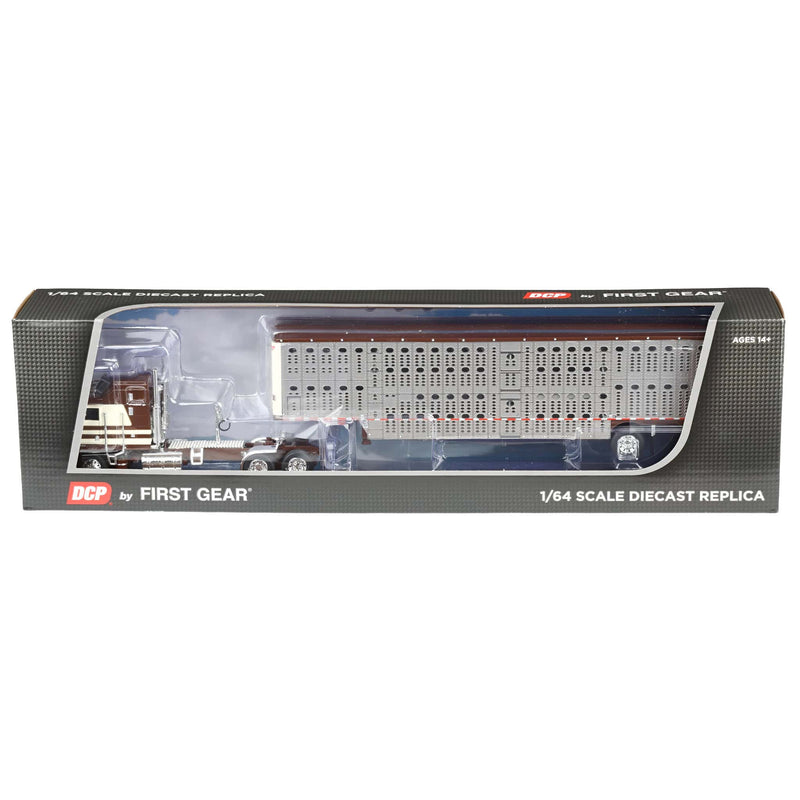 1/64 Kenworth K100 COE Semi Truck with Wilson Spread Axle Livestock Trailer, Brown/Cream, DCP by First Gear