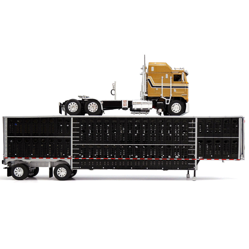 1/64 Kenworth K100 COE Semi Truck with Wilson Spread Axle Livestock Trailer, Gold/Black, DCP by First Gear