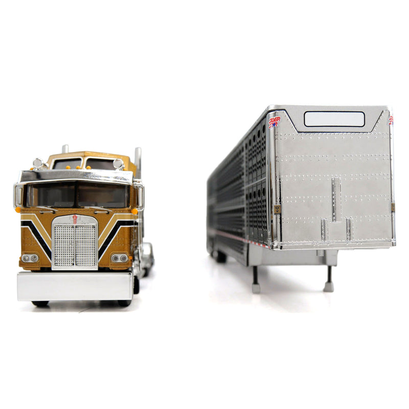 1/64 Kenworth K100 COE Semi Truck with Wilson Spread Axle Livestock Trailer, Gold/Black, DCP by First Gear