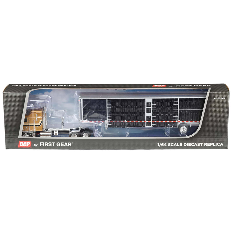 1/64 Kenworth K100 COE Semi Truck with Wilson Spread Axle Livestock Trailer, Gold/Black, DCP by First Gear