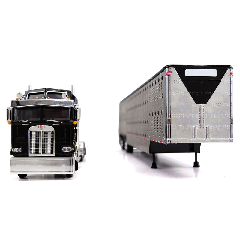 1/64 Kenworth K100 COE Semi Truck with Wilson Spread Axle Livestock Trailer, Black, DCP by First Gear
