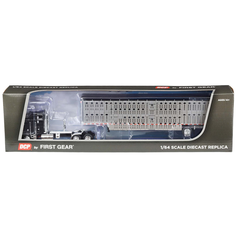 1/64 Kenworth K100 COE Semi Truck with Wilson Spread Axle Livestock Trailer, Black, DCP by First Gear