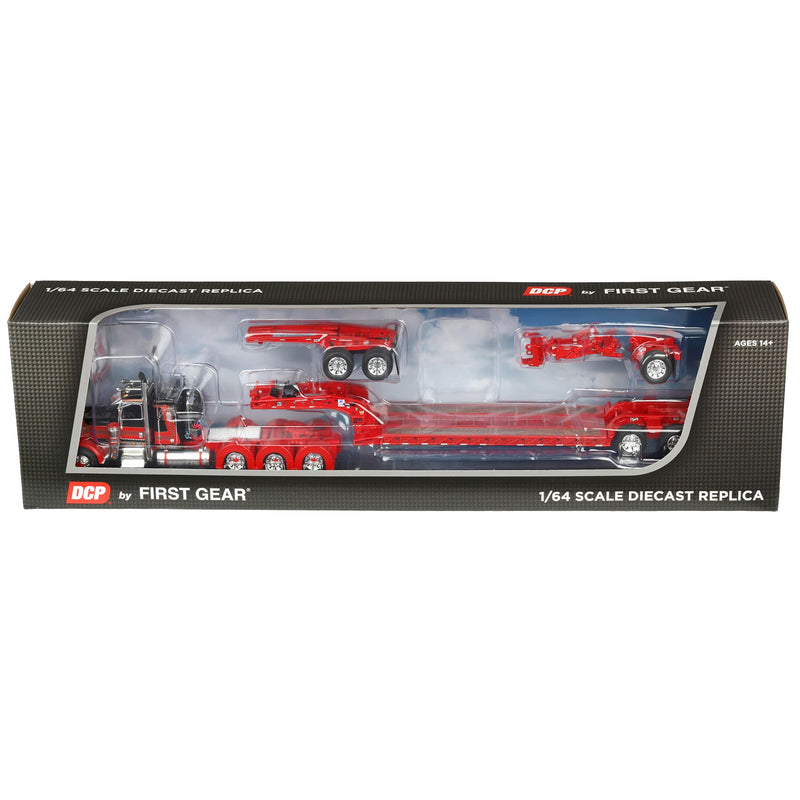 1/64 Red/Black Peterbilt 389 Tri-Axle Semi with Fontaine Magnitude Lowboy Trailer, Jeep & Stinger, DCP by First Gear