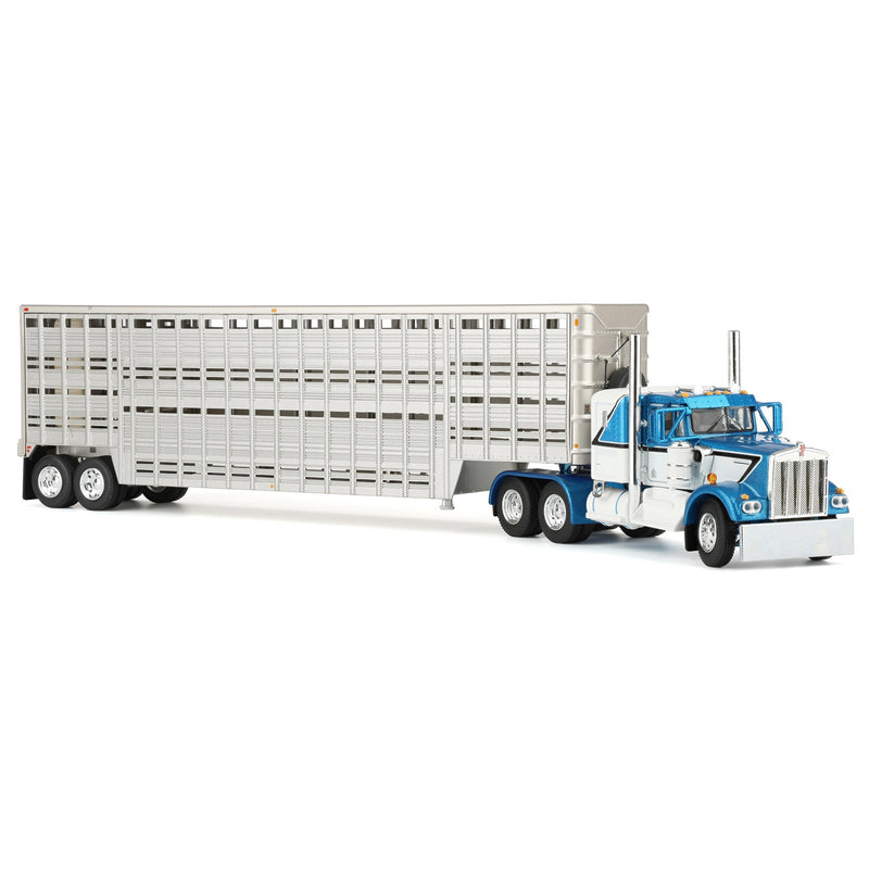1/64 Kenworth W900A with 45ft Wilson Vintage Livestock Trailer, Mariner Blue/Silver, DCP by First Gear