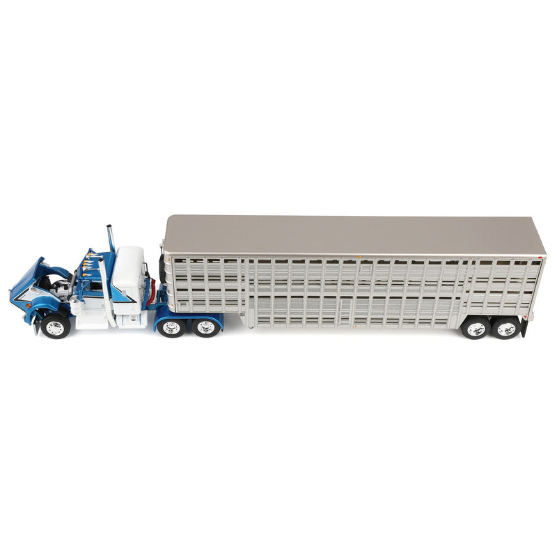 1/64 Kenworth W900A with 45ft Wilson Vintage Livestock Trailer, Mariner Blue/Silver, DCP by First Gear