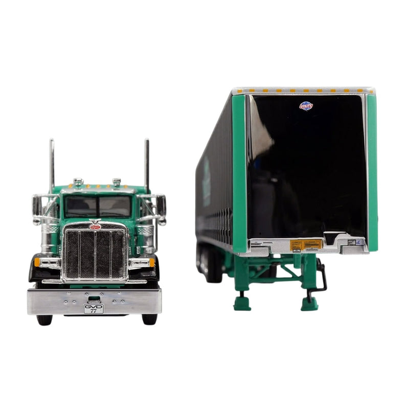1/64 Green Peterbilt 379 Semi Truck with Van Dyke Trucking Curtain-Side Trailer, DCP by First Gear