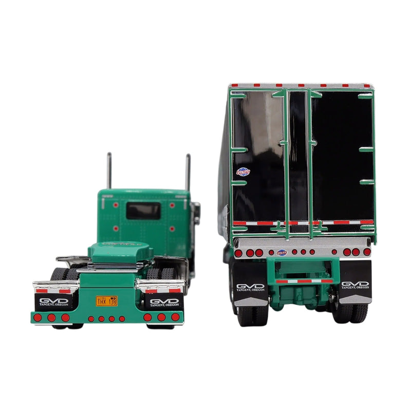 1/64 Green Peterbilt 379 Semi Truck with Van Dyke Trucking Curtain-Side Trailer, DCP by First Gear