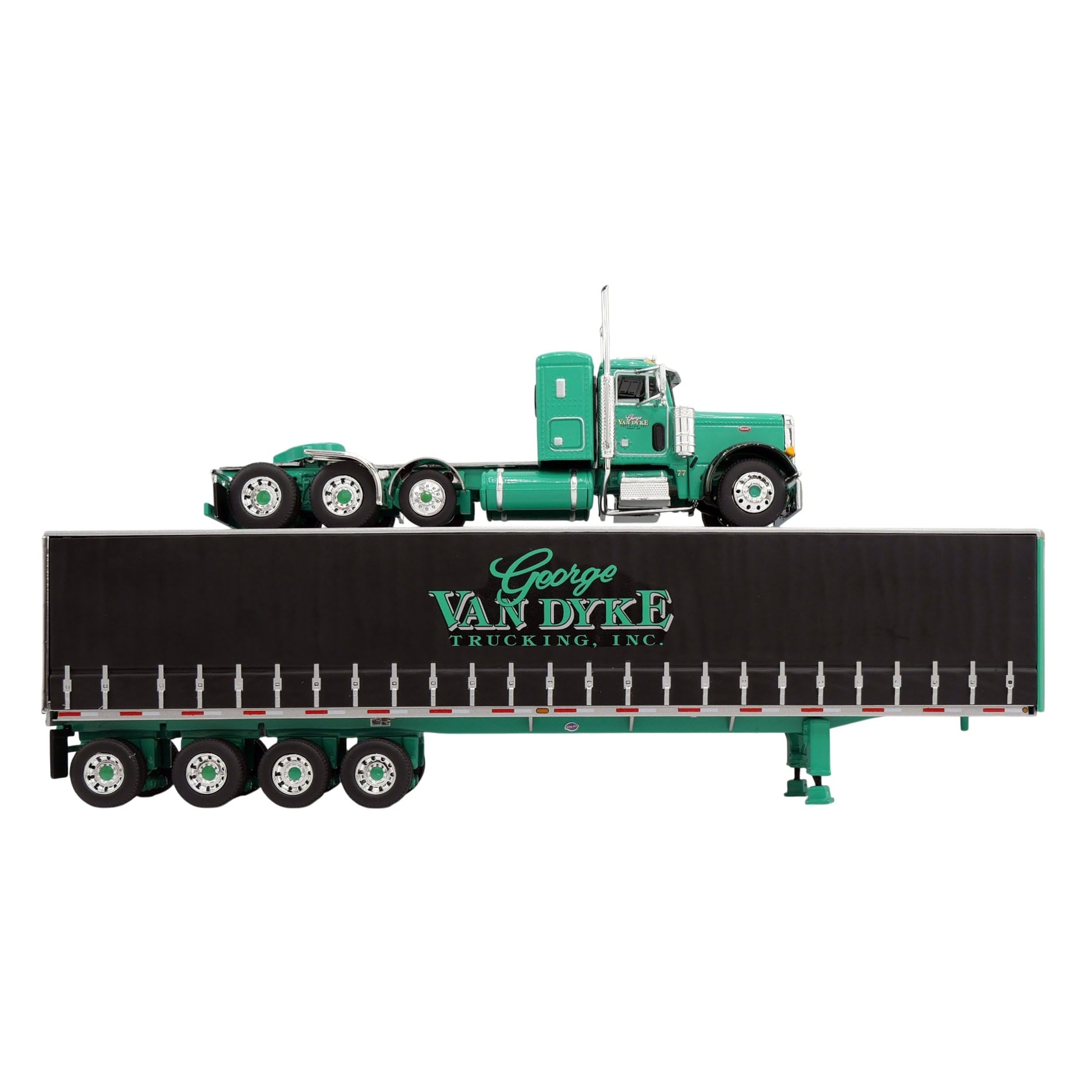 1/64 Green Peterbilt 379 Semi Truck with Van Dyke Trucking Curtain