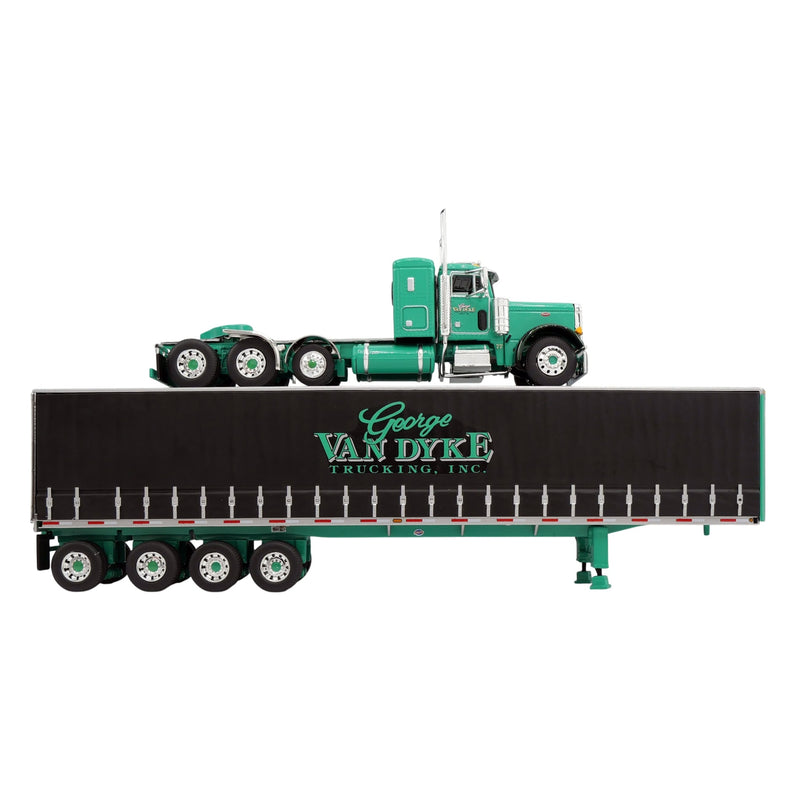 1/64 Green Peterbilt 379 Semi Truck with Van Dyke Trucking Curtain-Side Trailer, DCP by First Gear