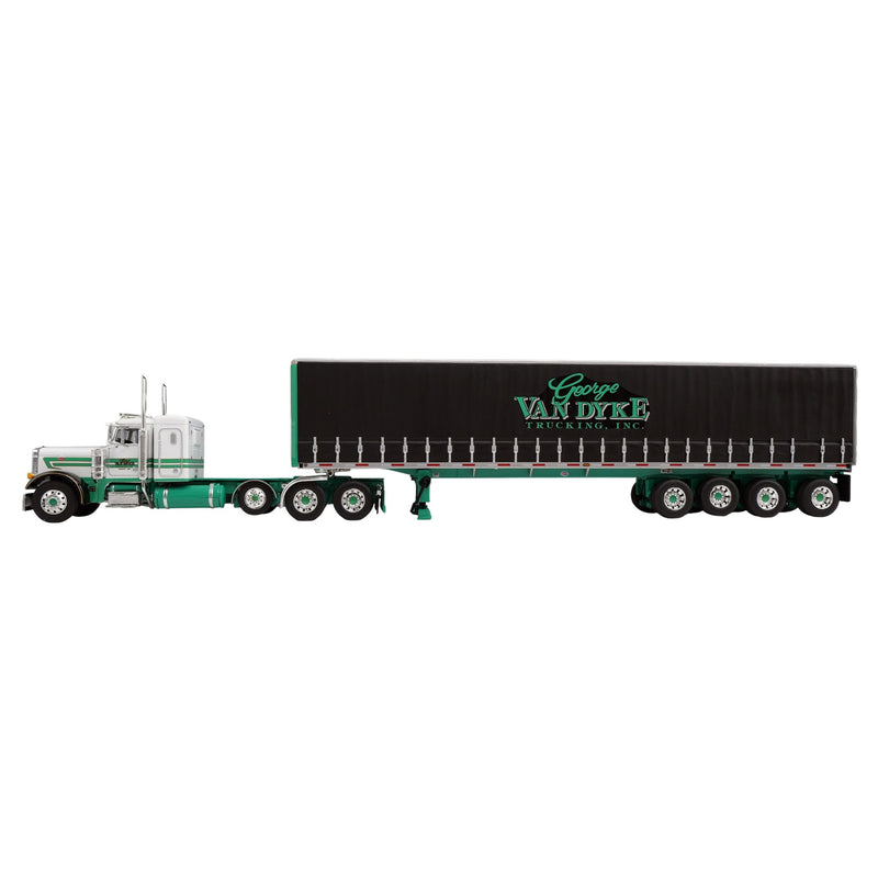 1/64 White Peterbilt 379 Semi Truck with Van Dyke Trucking Curtain-Side Trailer, DCP by First Gear