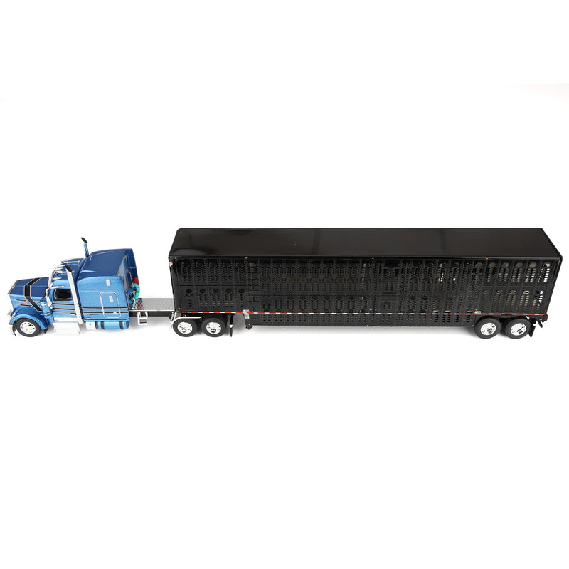 1/64 Peterbilt 589 Semi Truck with Wilson Silverstar Livestock Trailer, Bright Blue/Black, DCP by First Gear