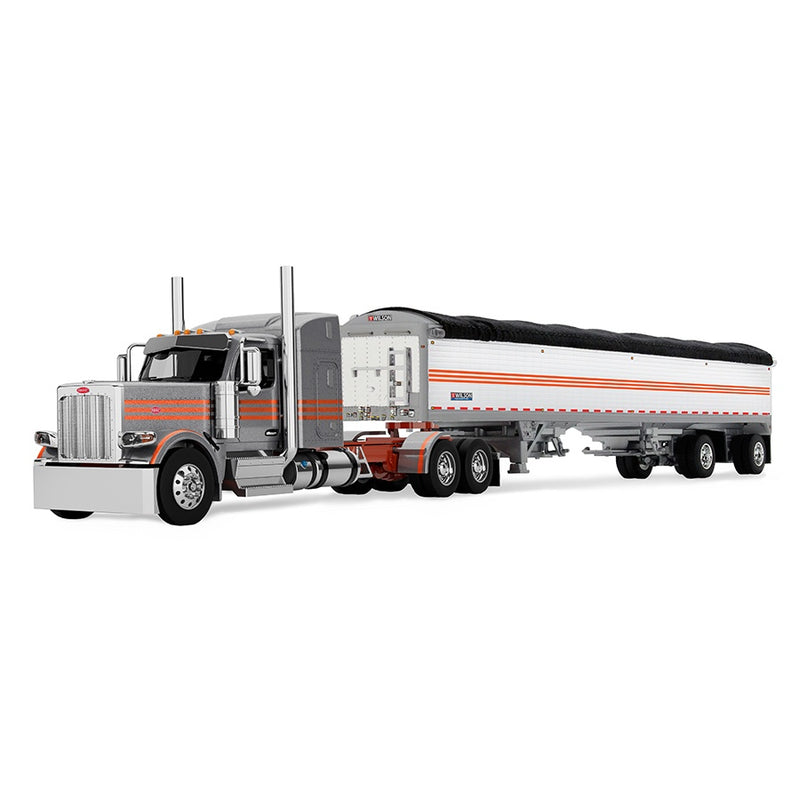 1/64 Peterbilt 589 Semi Truck with Wilson Pacesetter Grain Trailer, Silver/Orange/White, DCP by First Gear