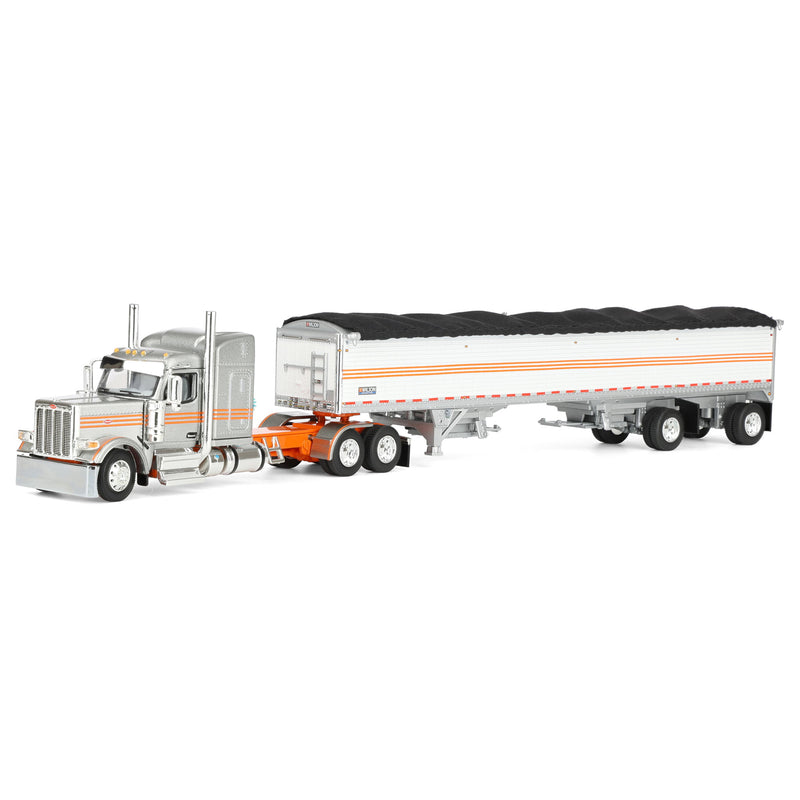 1/64 Peterbilt 589 Semi Truck with Wilson Pacesetter Grain Trailer, Silver/Orange/White, DCP by First Gear