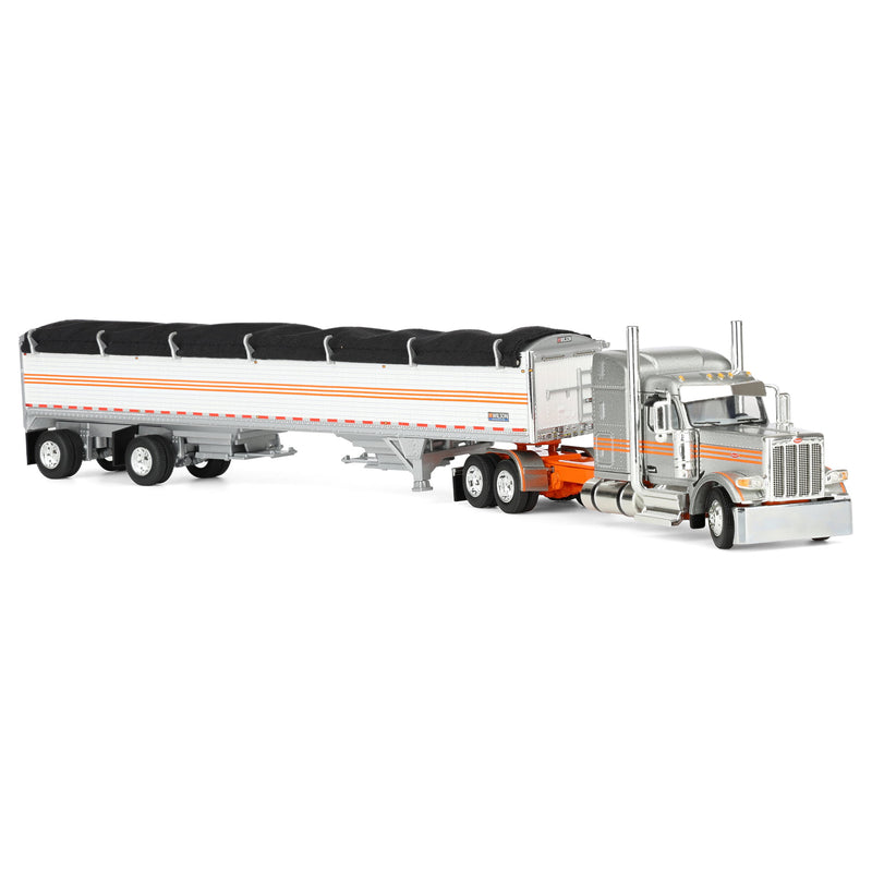 1/64 Peterbilt 589 Semi Truck with Wilson Pacesetter Grain Trailer, Silver/Orange/White, DCP by First Gear