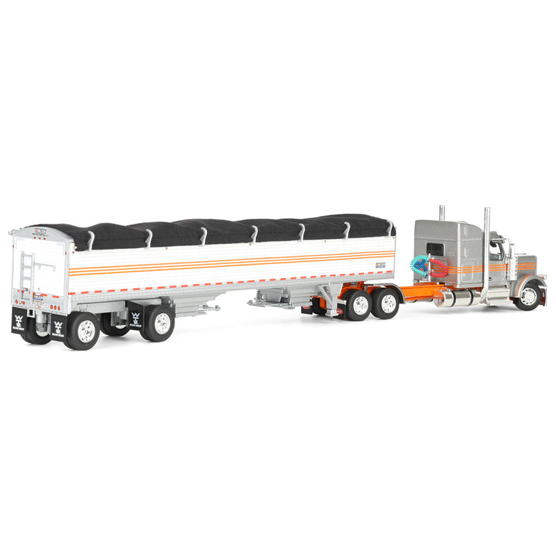 1/64 Peterbilt 589 Semi Truck with Wilson Pacesetter Grain Trailer, Silver/Orange/White, DCP by First Gear