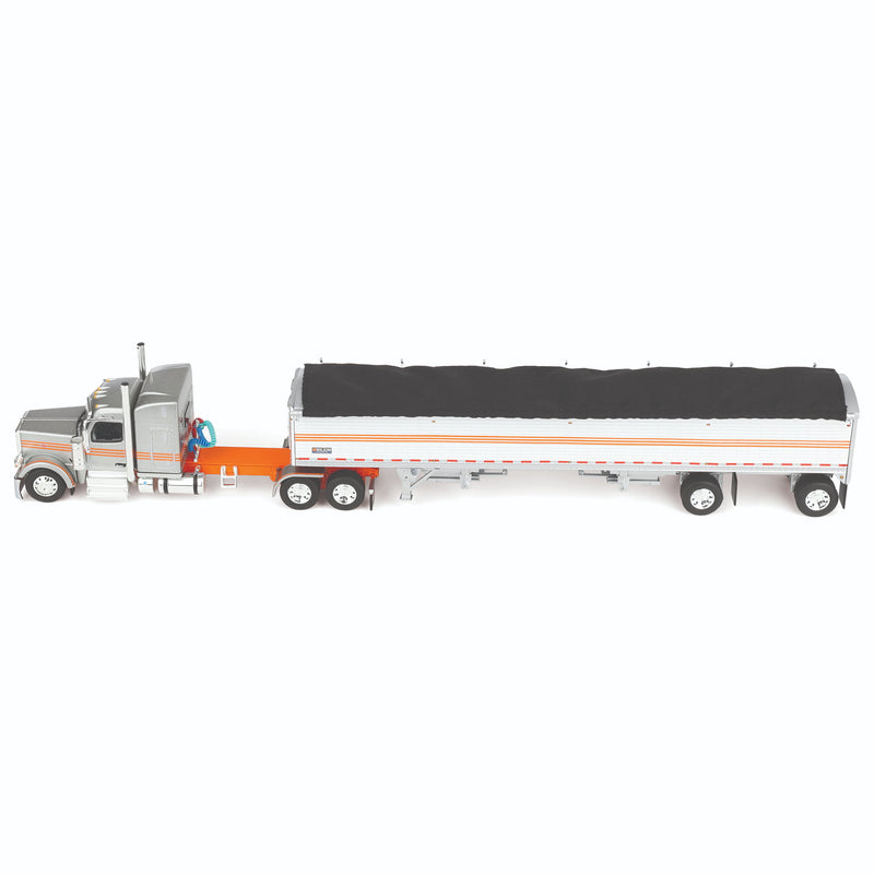1/64 Peterbilt 589 Semi Truck with Wilson Pacesetter Grain Trailer, Silver/Orange/White, DCP by First Gear