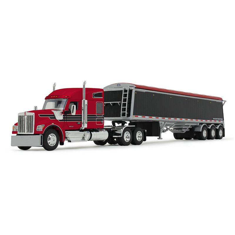 1/64 Kenworth W990 Semi Truck & Lode King Hopper Trailer, Red/Black, DCP by First Gear