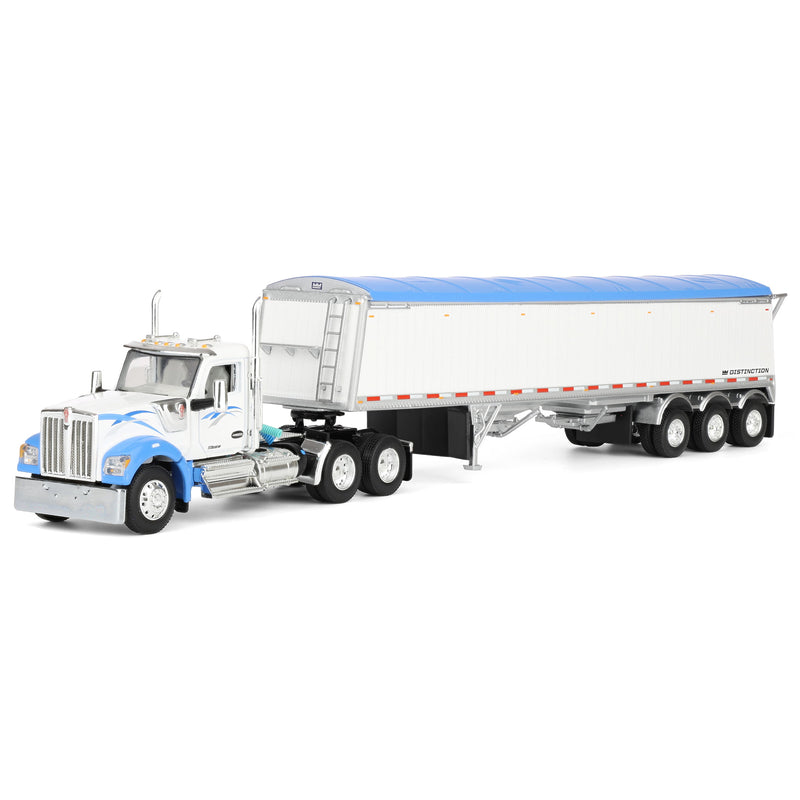 1/64 Kenworth W990 Semi Truck & Lode King Hopper Trailer, White/Blue, DCP by First Gear