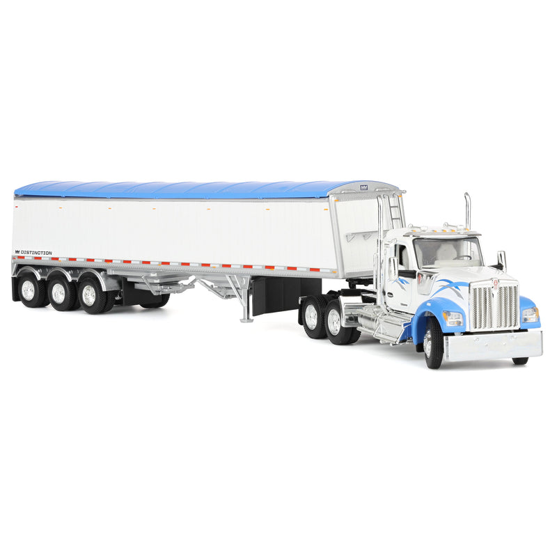 1/64 Kenworth W990 Semi Truck & Lode King Hopper Trailer, White/Blue, DCP by First Gear
