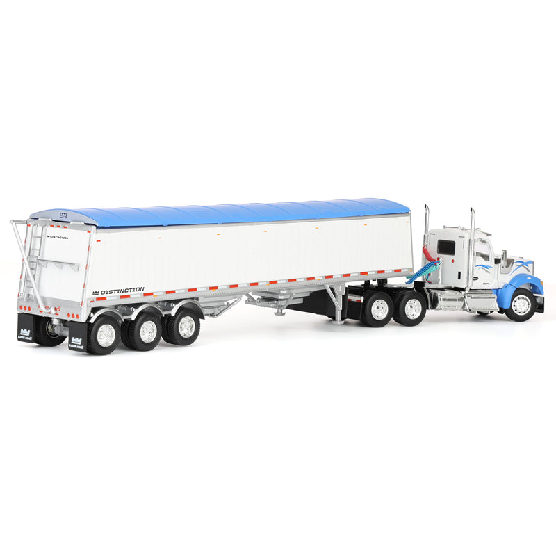 1/64 Kenworth W990 Semi Truck & Lode King Hopper Trailer, White/Blue, DCP by First Gear