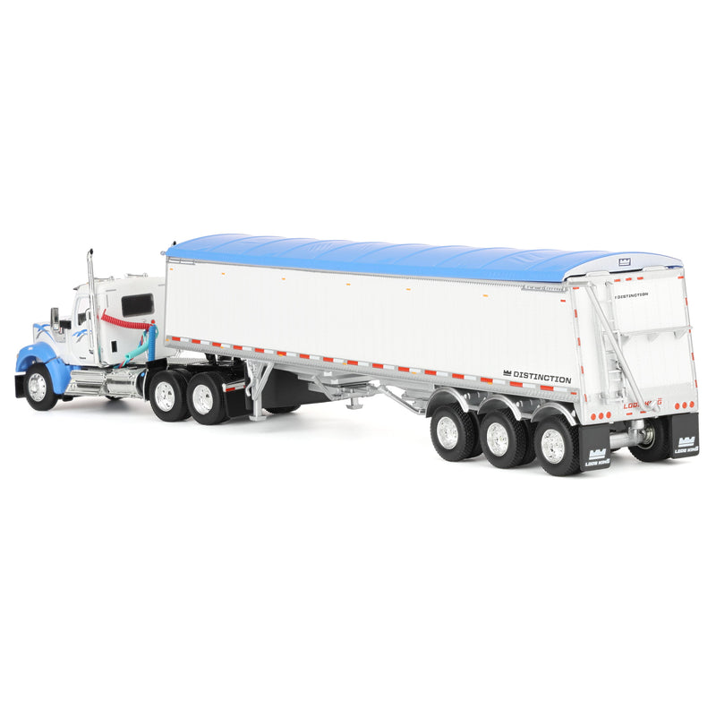1/64 Kenworth W990 Semi Truck & Lode King Hopper Trailer, White/Blue, DCP by First Gear