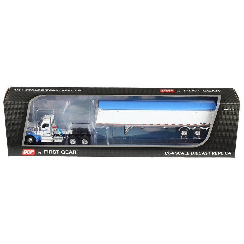 1/64 Kenworth W990 Semi Truck & Lode King Hopper Trailer, White/Blue, DCP by First Gear
