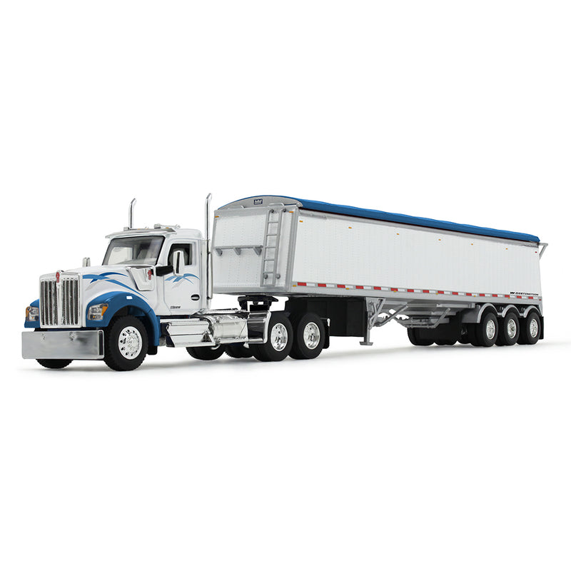 1/64 Kenworth W990 Semi Truck & Lode King Hopper Trailer, White/Blue, DCP by First Gear