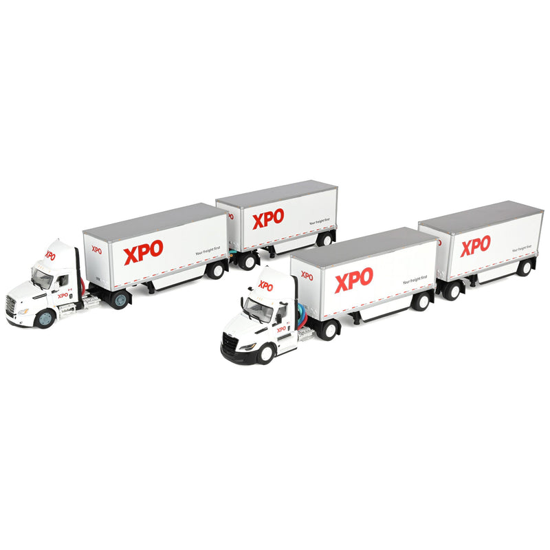 Set of USA & Canadian Versions ~ 1/64 XPO Freightliner Cascadia Semi Truck with Pup Trailers, DCP by First Gear