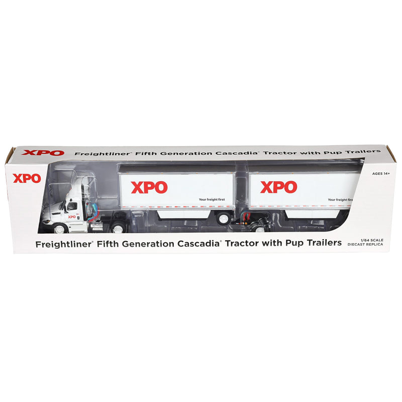 Set of USA & Canadian Versions ~ 1/64 XPO Freightliner Cascadia Semi Truck with Pup Trailers, DCP by First Gear
