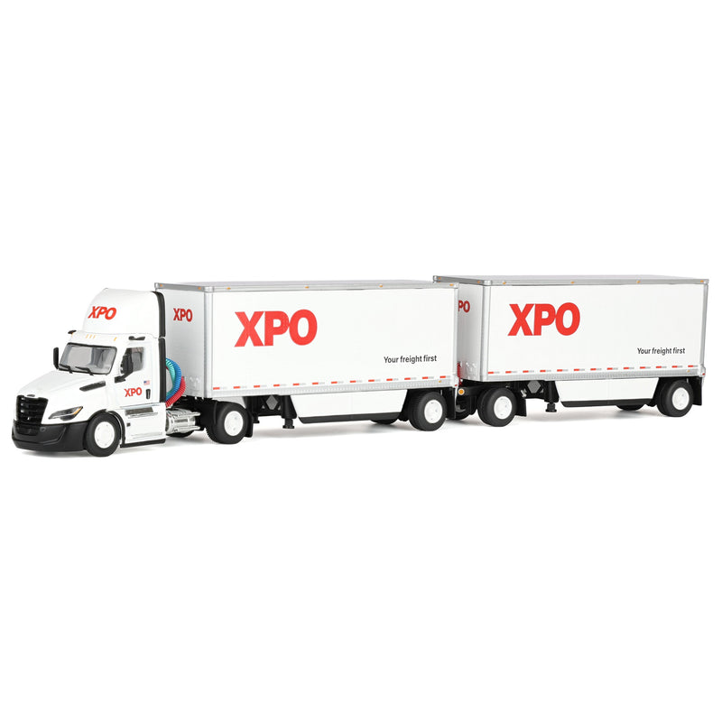 (B&D) 1/64 XPO Freightliner Cascadia Semi Truck with Pup Trailers, USA Version, DCP by First Gear - Damaged Item