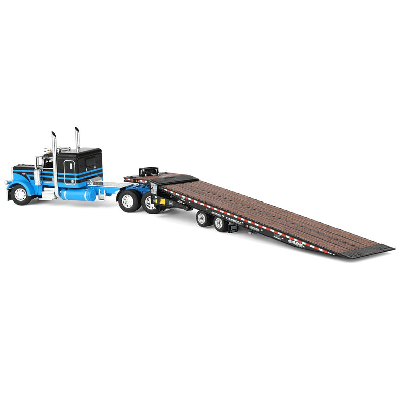 1/64 Peterbilt 389 Semi Truck with Landoll 440B-50CA Traveling Axle Trailer, Blue/Black, DCP by First Gear