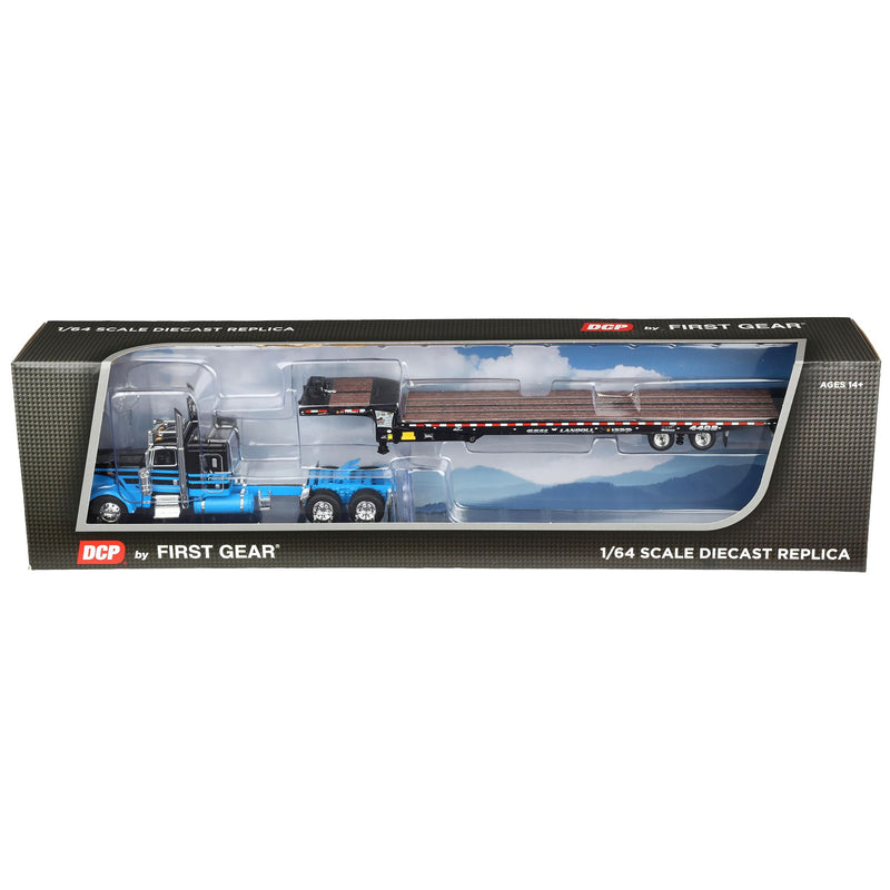 1/64 Peterbilt 389 Semi Truck with Landoll 440B-50CA Traveling Axle Trailer, Blue/Black, DCP by First Gear