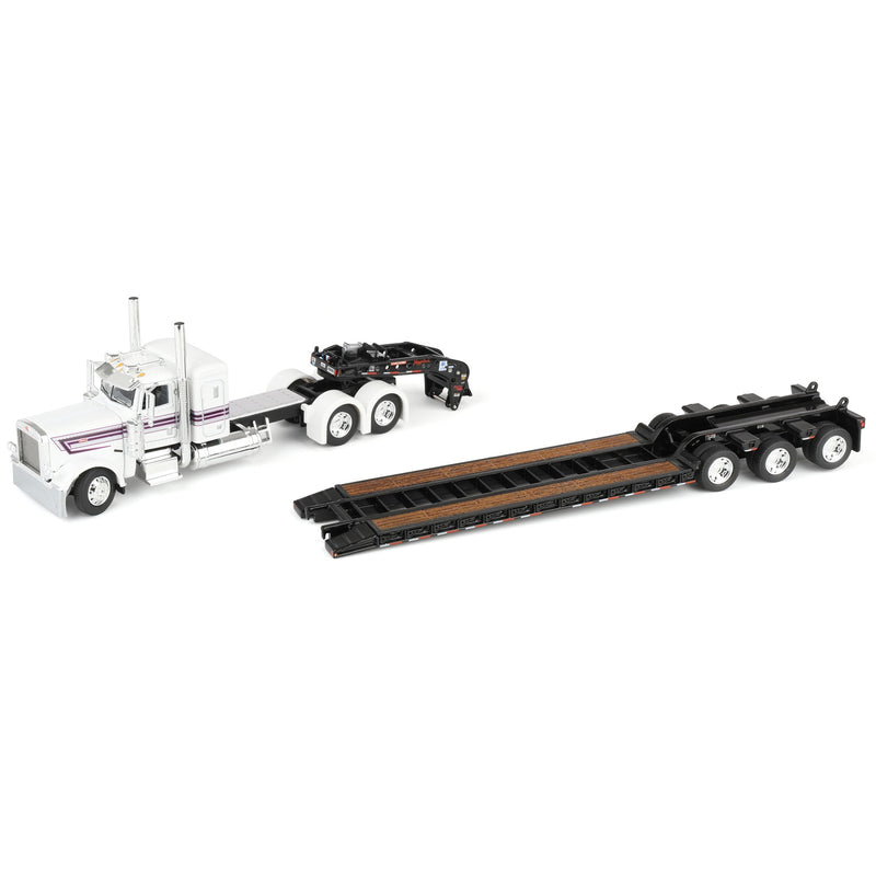 1/64 Peterbilt 389 Semi Truck with Fontaine Magnitude Lowboy Trailer, White/Black, DCP by First Gear