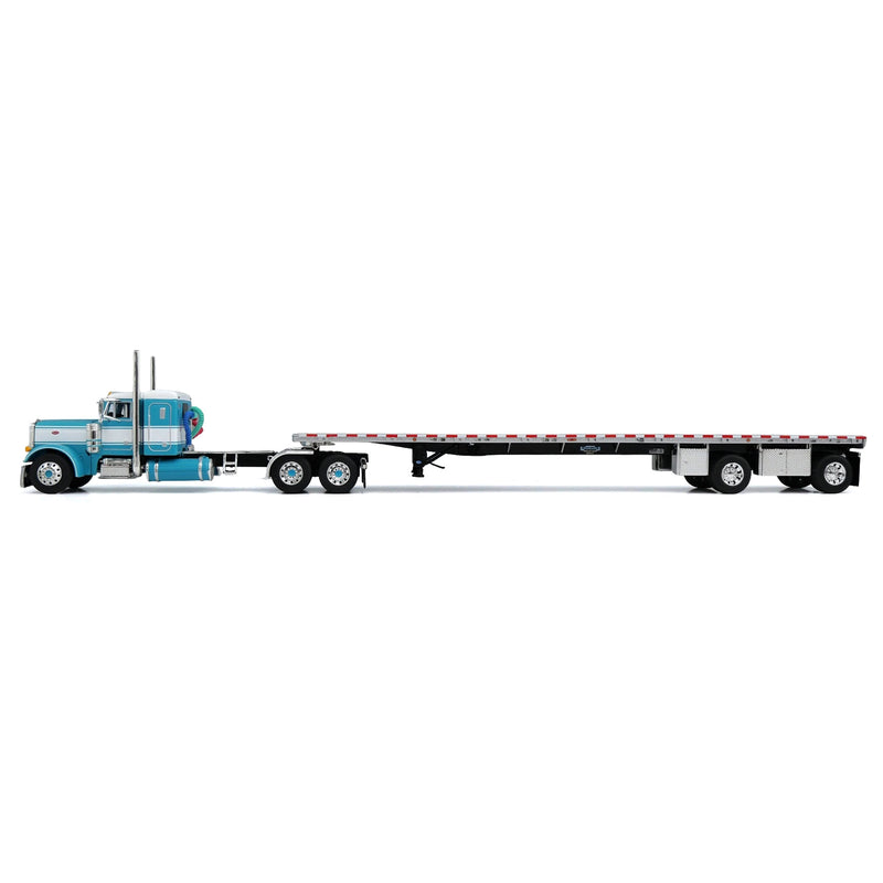 1/64 Turquoise Peterbilt 379 Semi Truck with Silver & Black Spread-Axle Flatbed Trailer, DCP by First Gear