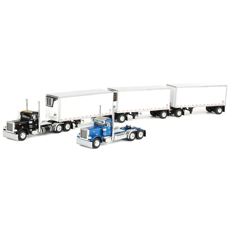 1/64 Set of 2 Peterbilt 379 Semi Trucks (Blue & Black) with 3 Pup Trailers & 2 Dollies, DCP by First Gear