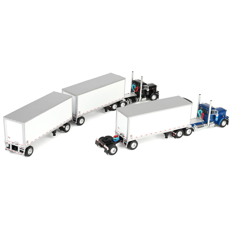 1/64 Set of 2 Peterbilt 379 Semi Trucks (Blue & Black) with 3 Pup Trailers & 2 Dollies, DCP by First Gear